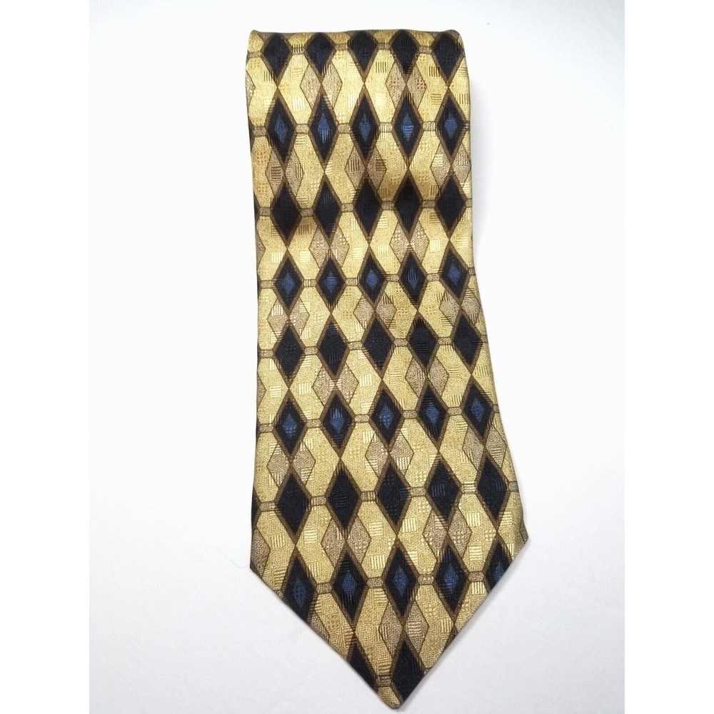 Allyn Saint George Gold Blue Diamond Pattern Textured Pointed Silk Tie USA‎